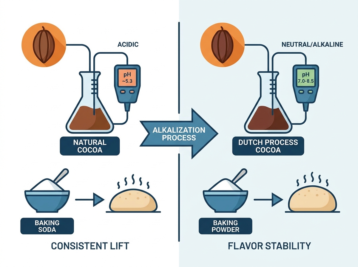 Alkalized cocoa powder in commercial baking environment